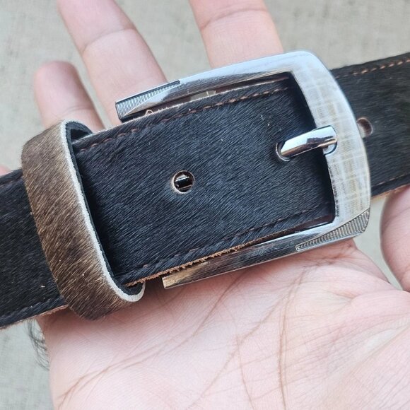 Real Fur Belt Dark Brown Hair Fur Genuine Leather Handmade Pin Buckle Waistband - Picture 4 of 12